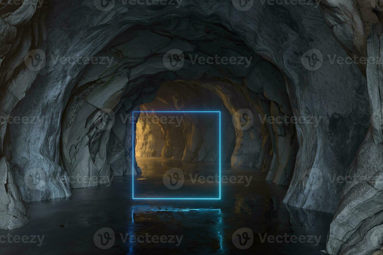 The dark rock tunnel with light illuminated, 3d rendering. photo