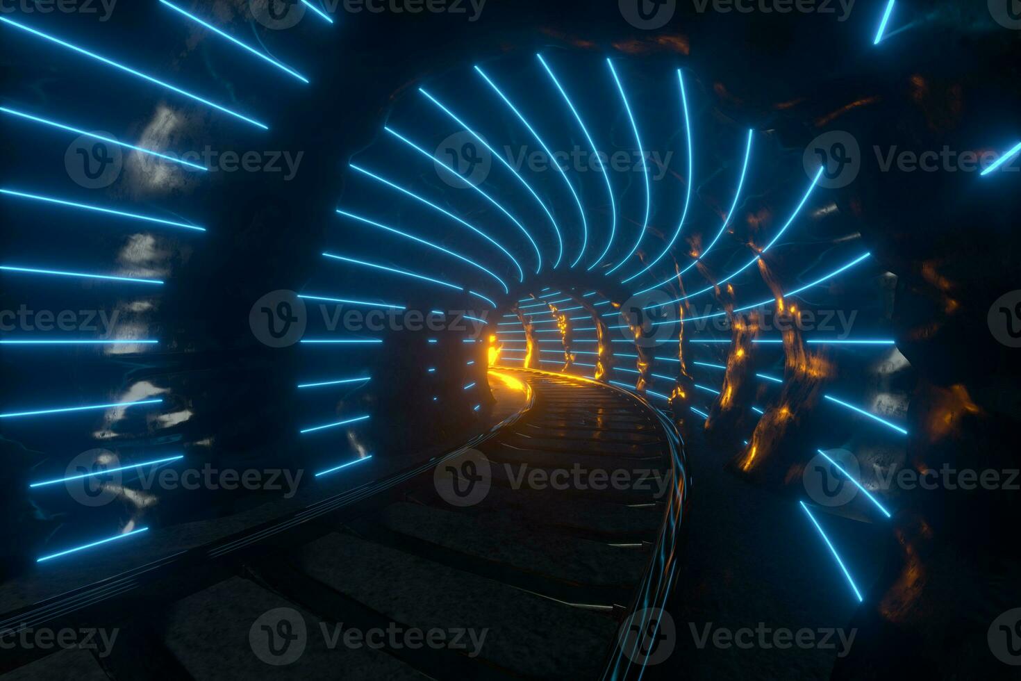 The dark rock tunnel with light illuminated, 3d rendering. photo