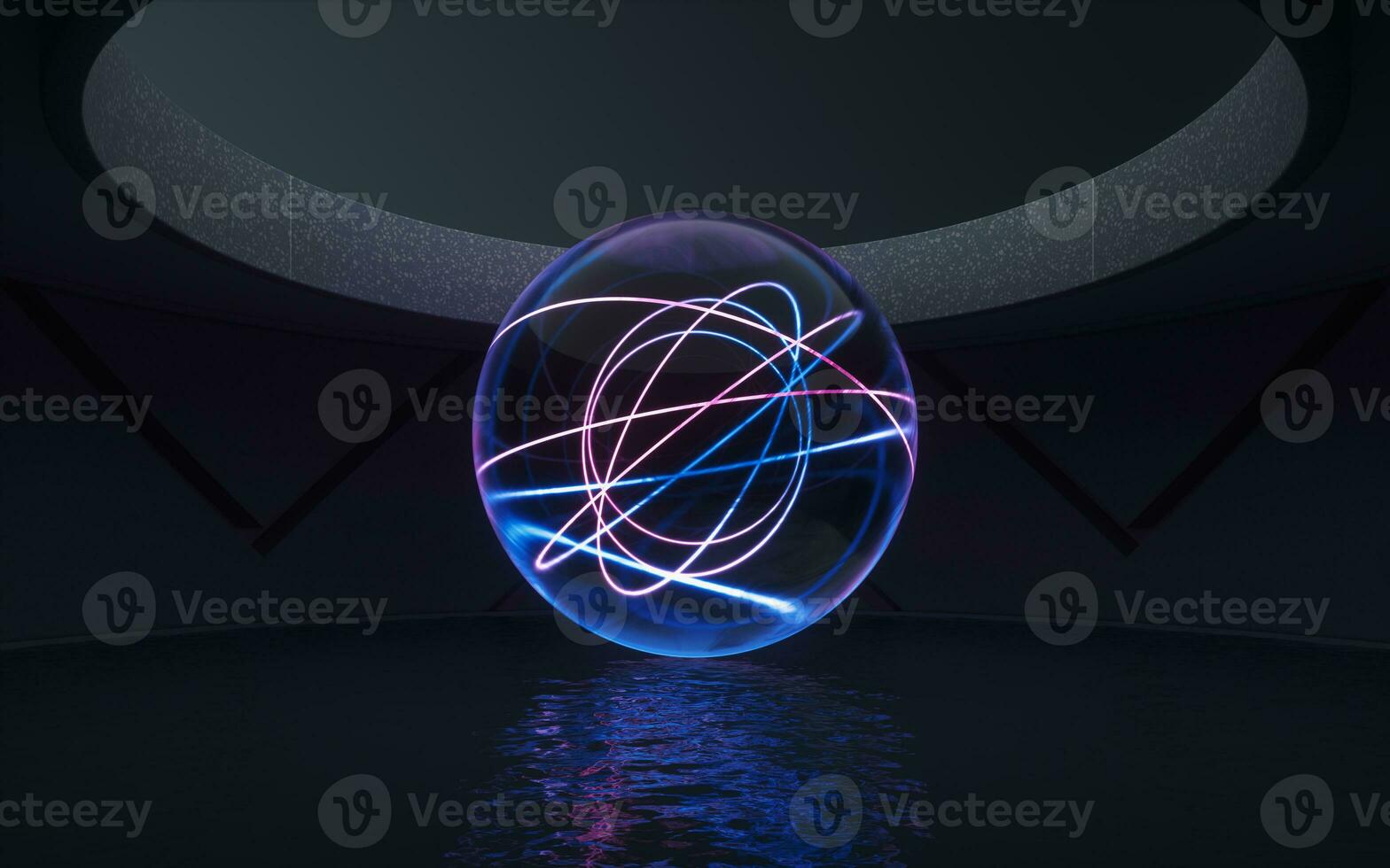 Neon light in the round room, 3d rendering. photo