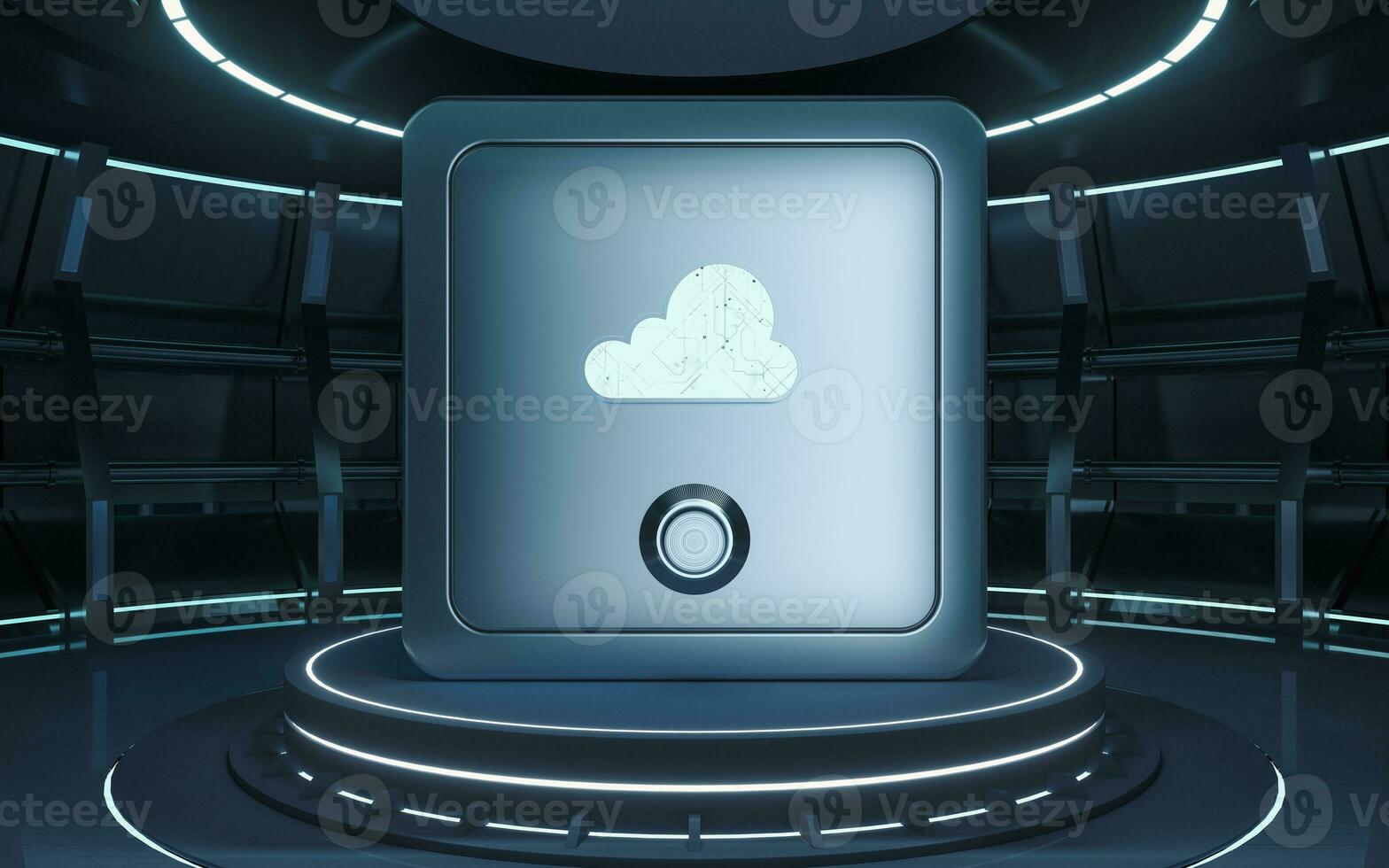 Safe box in the futuristic room, 3d rendering. photo