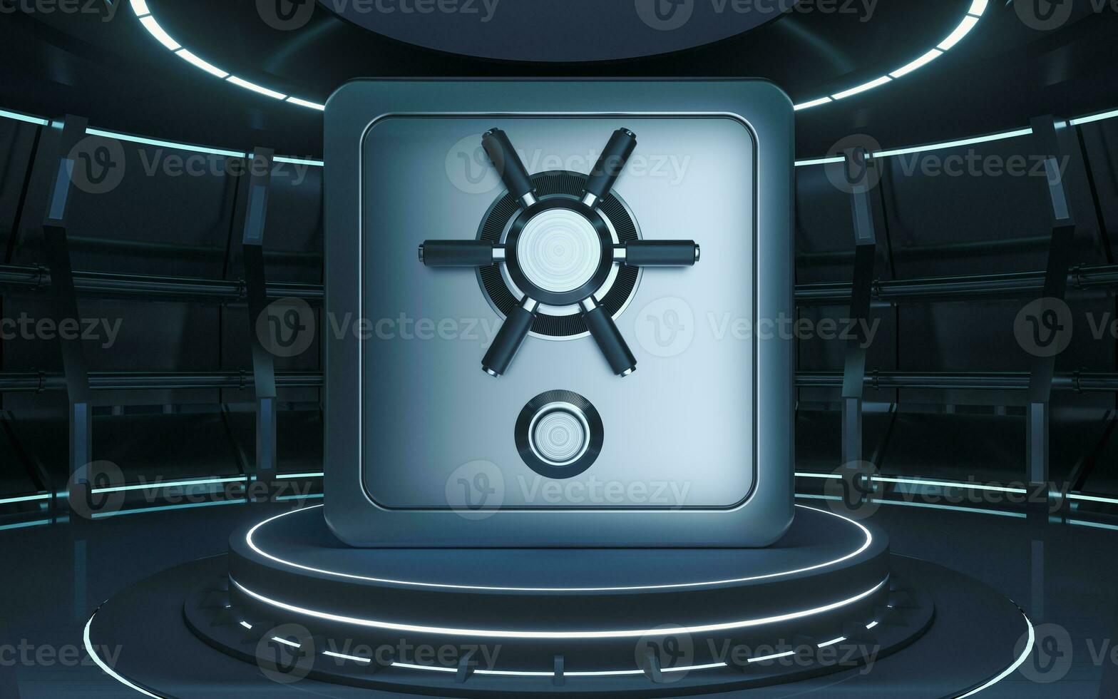 Safe box in the futuristic room, 3d rendering. photo