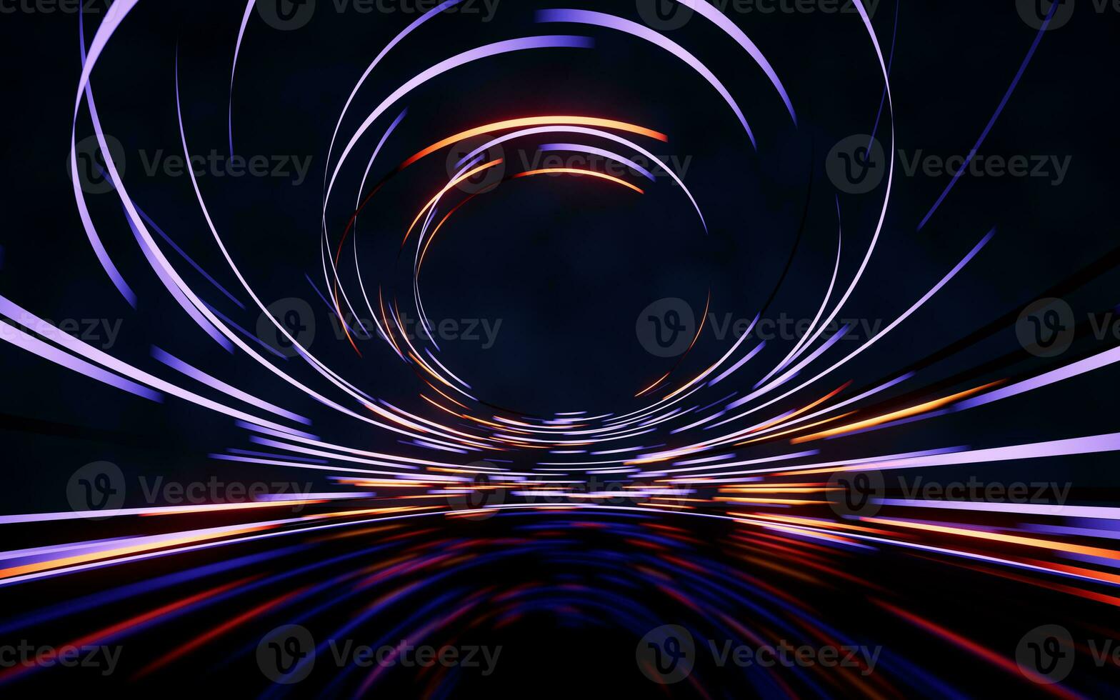 Glowing round illuminated lines with motion blur, 3d rendering. photo