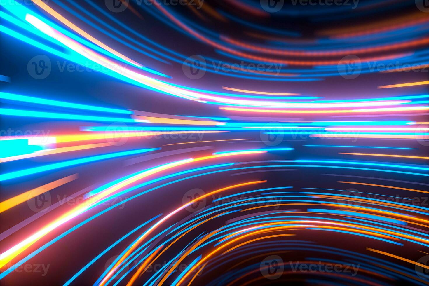 Glowing round illuminated lines in the dark round room, 3d rendering. photo