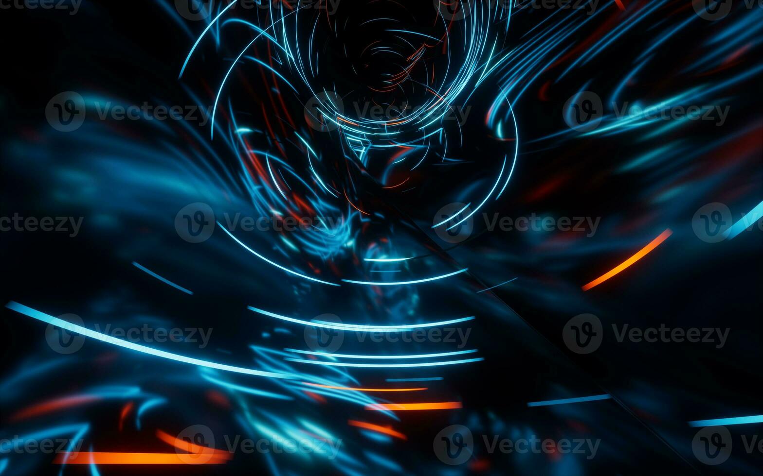 Glowing round illuminated lines with motion blur, 3d rendering. photo