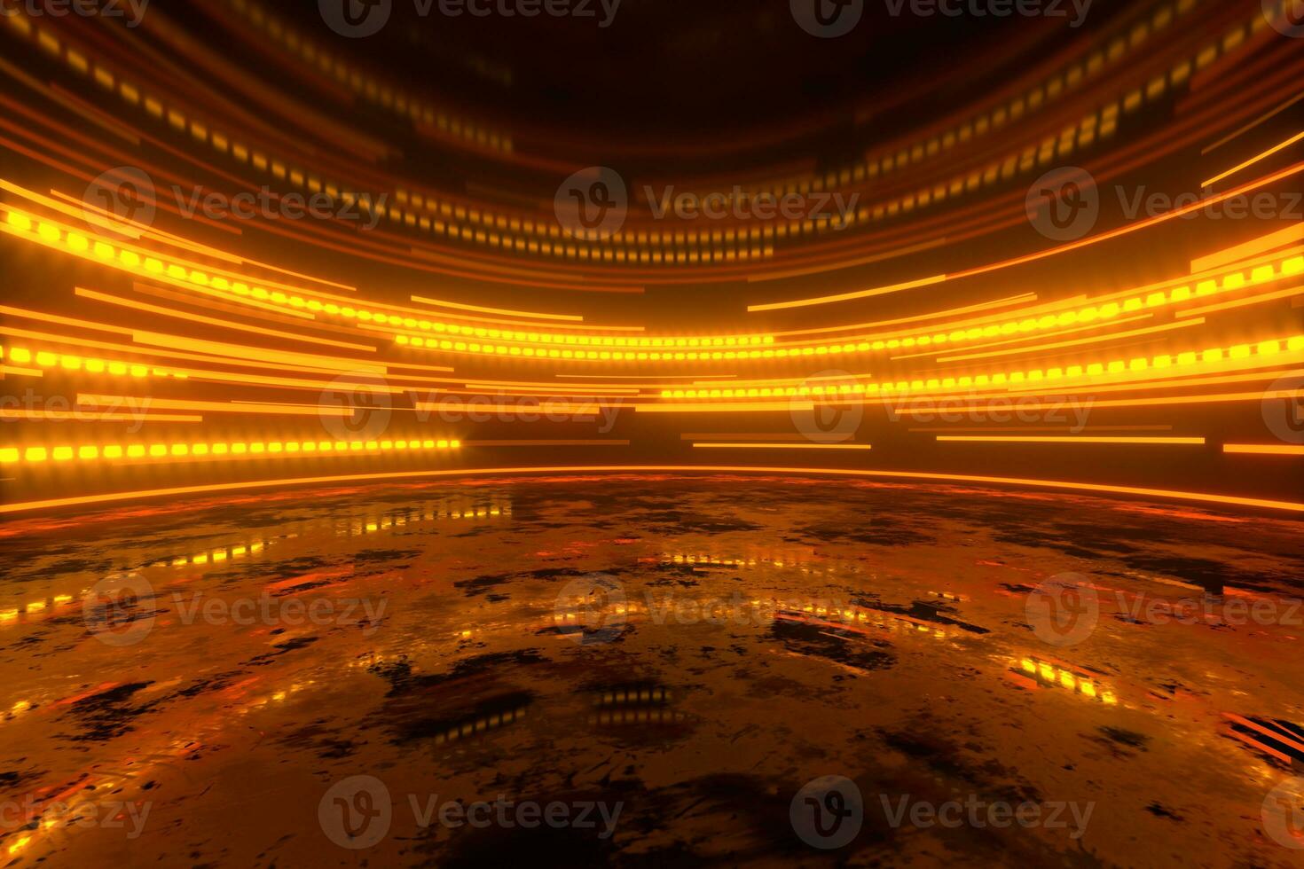 Glowing round illuminated lines in the dark round room, 3d rendering. photo