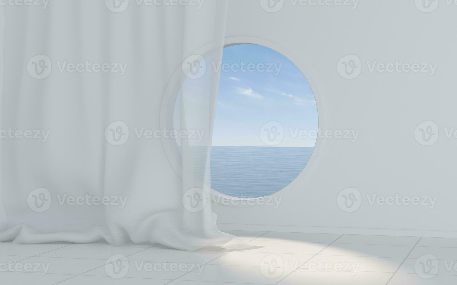 vacío blanco habitación con redondo ventana, 3d representación. foto