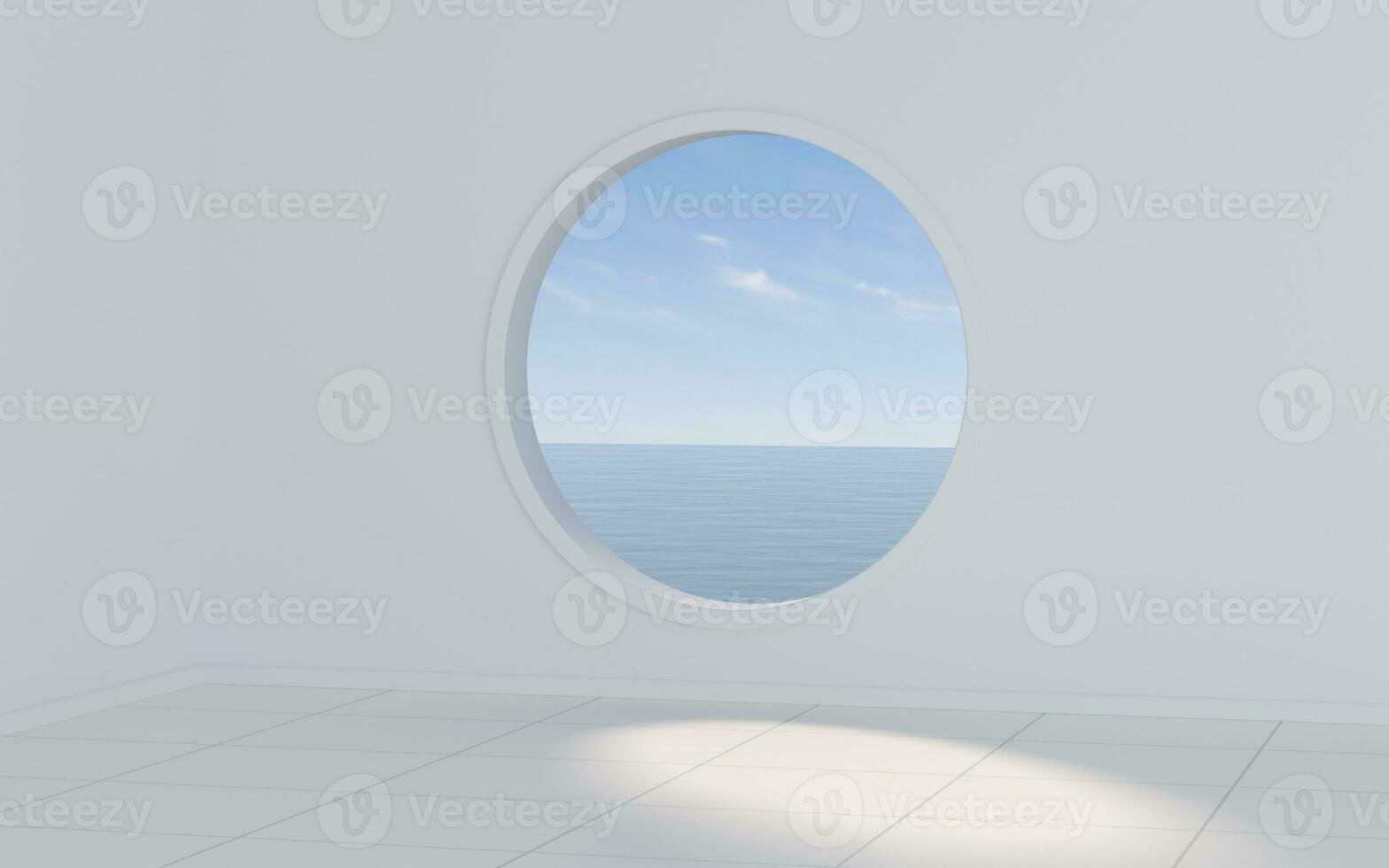 Empty white room with round window, 3d rendering. photo