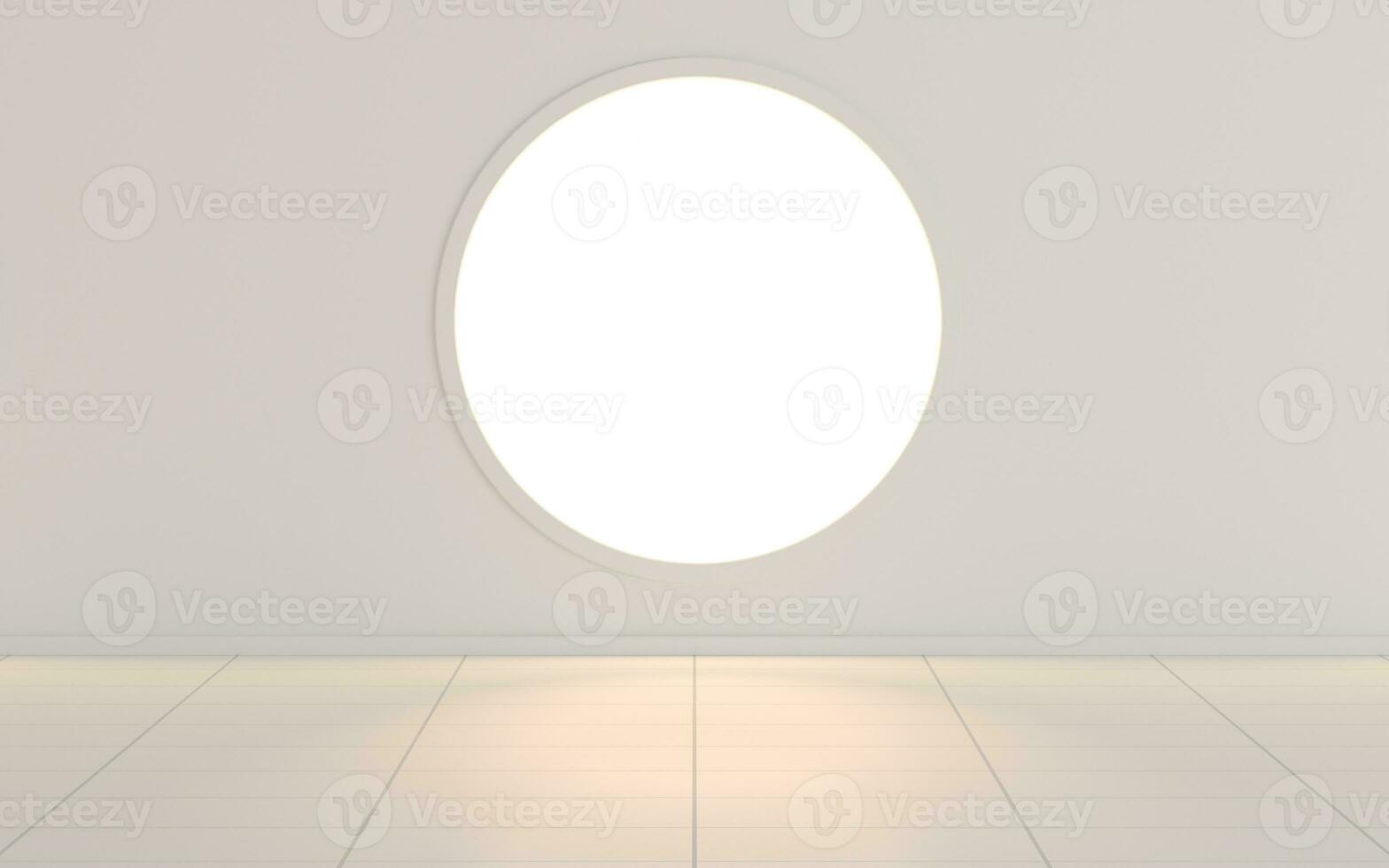 vacío blanco habitación con redondo ventana, 3d representación. foto