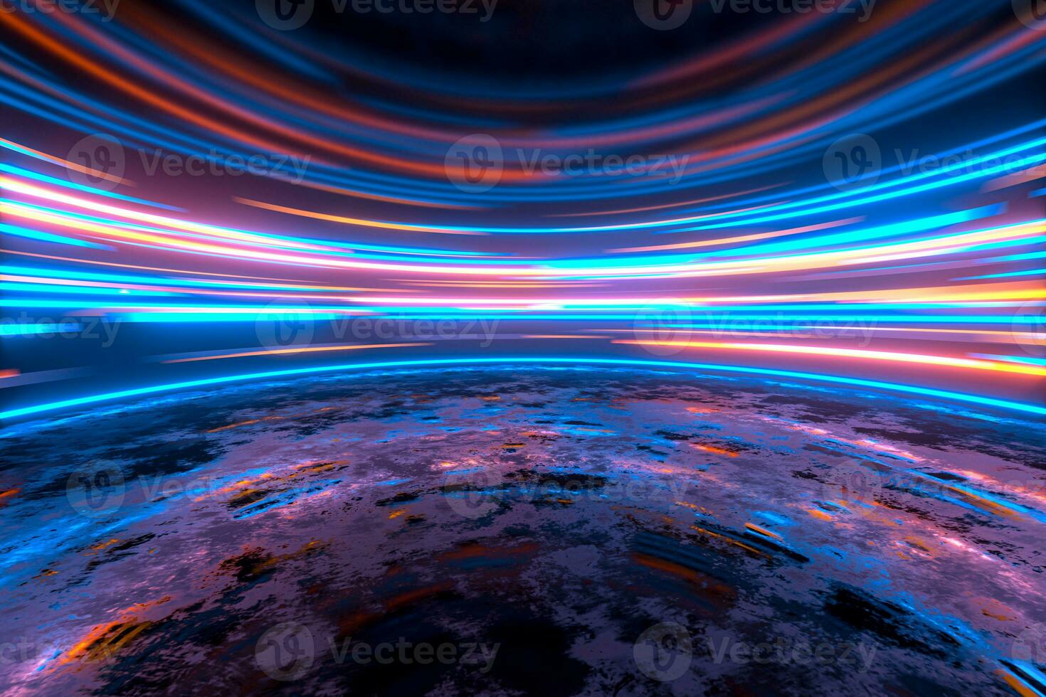 Glowing round illuminated lines in the dark round room, 3d rendering. photo