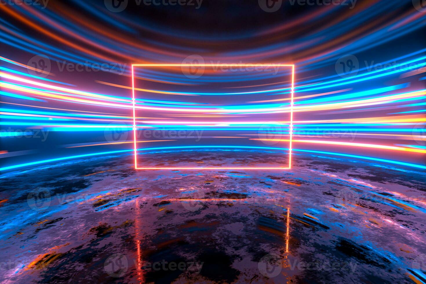 Glowing round illuminated lines in the dark round room, 3d rendering. photo