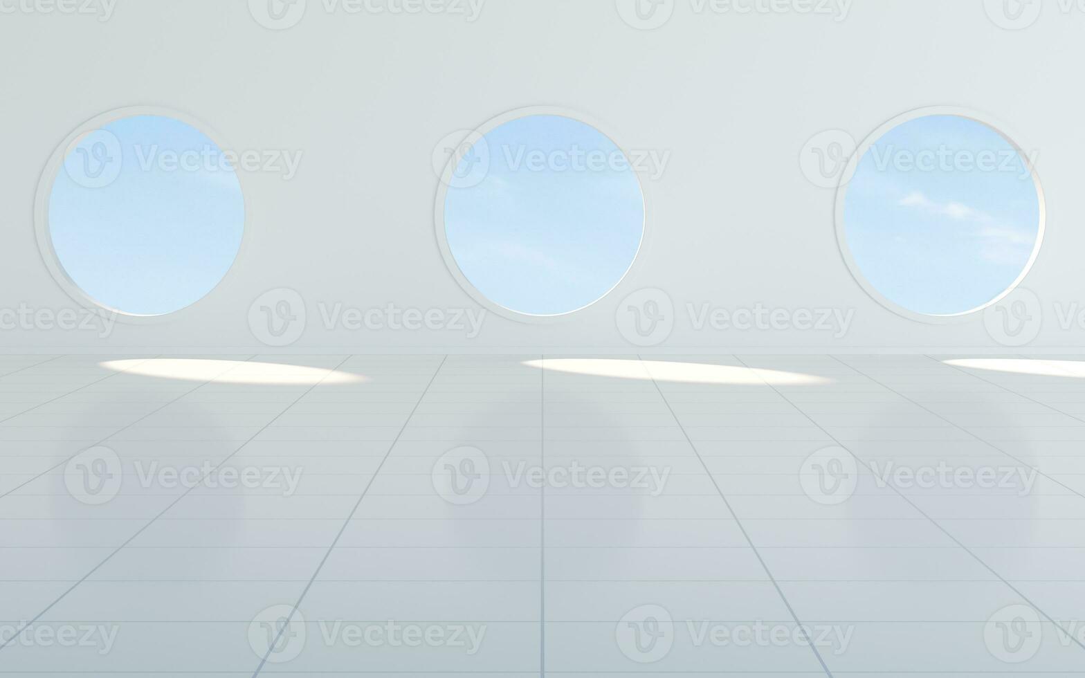 Empty white room with round window, 3d rendering. photo