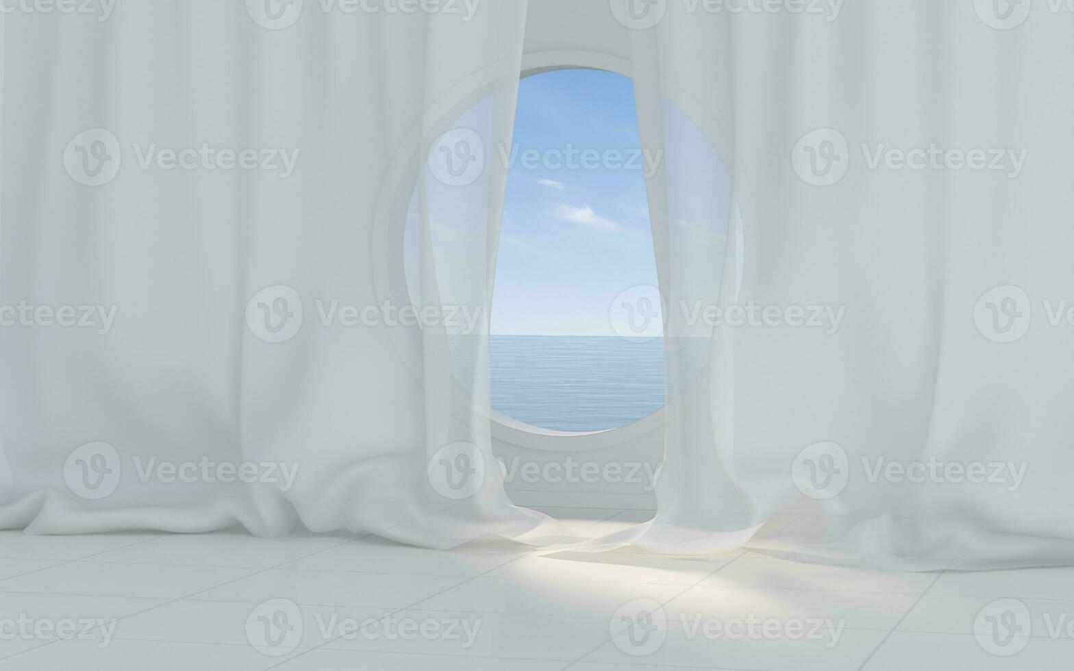 Empty white room with round window, 3d rendering. photo