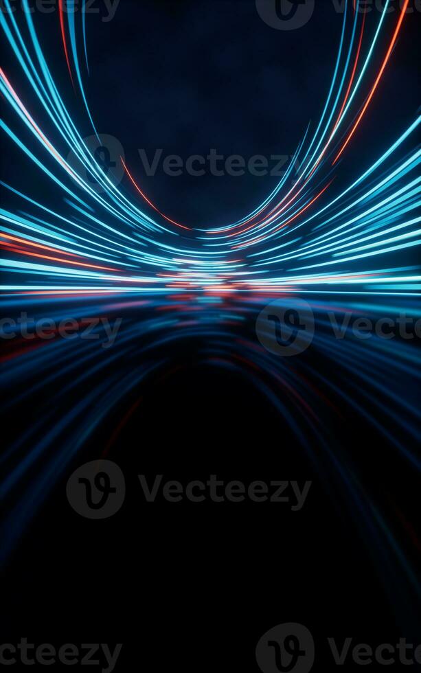 Glowing round illuminated lines with motion blur, 3d rendering. photo