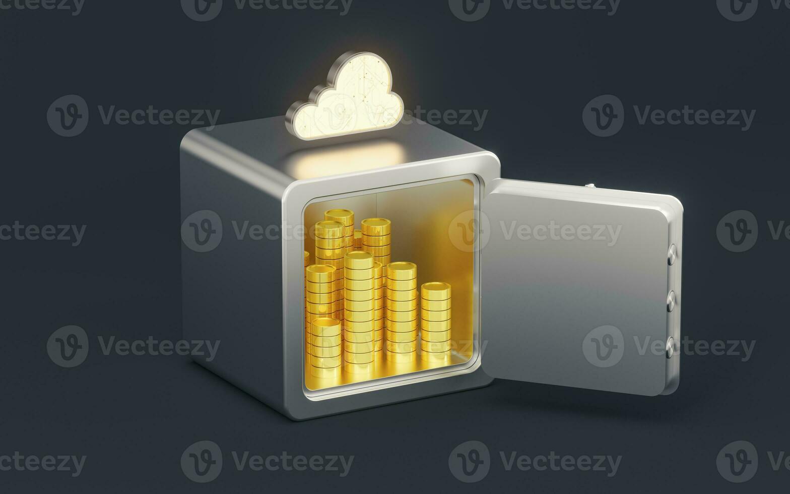 Safe box and gold coins with dark background, 3d rendering. photo
