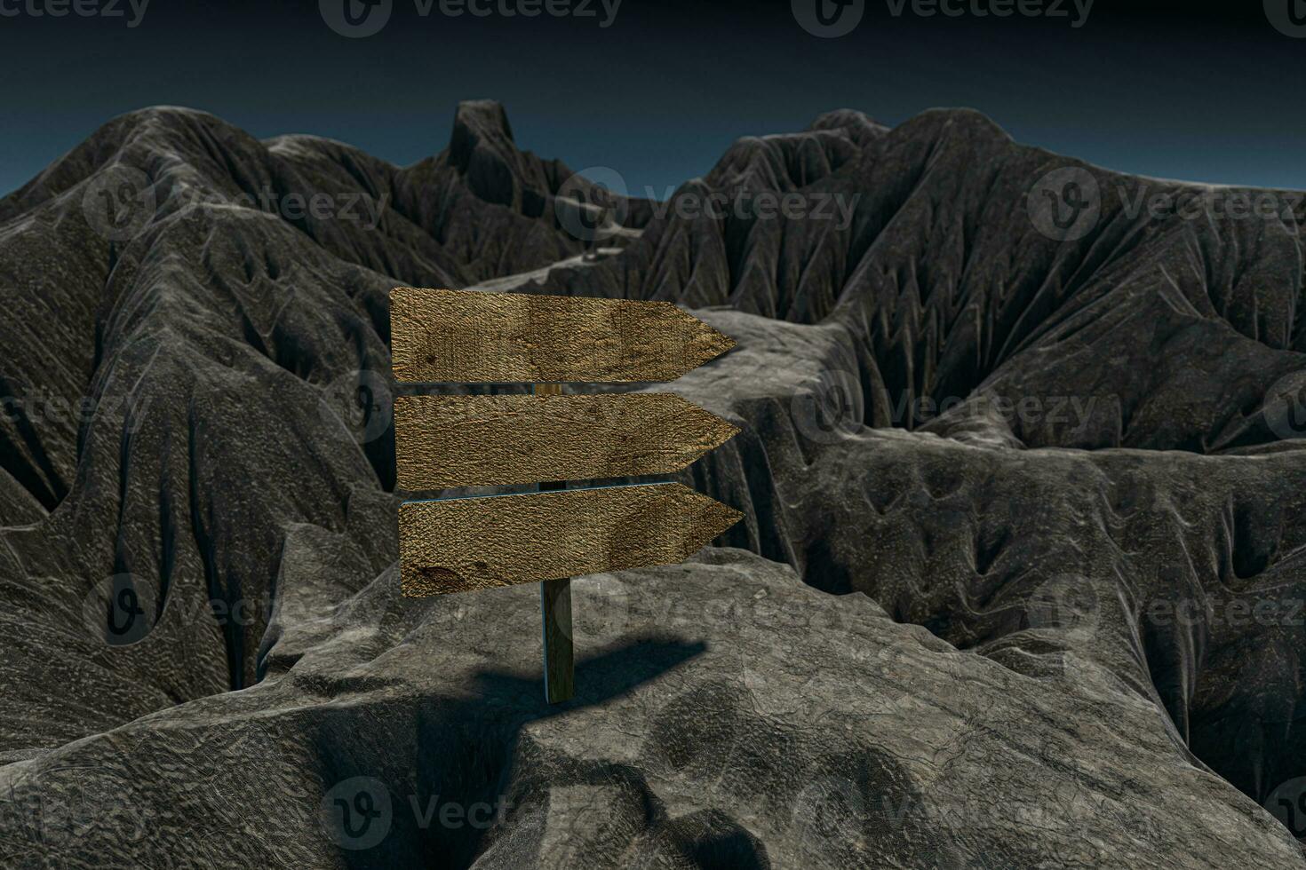 Empty wooden guide board and mountain road, 3d rendering. photo