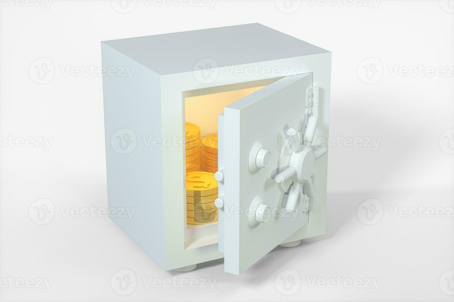 Mechanical safe, with shiny golden coins inside, 3d rendering. photo