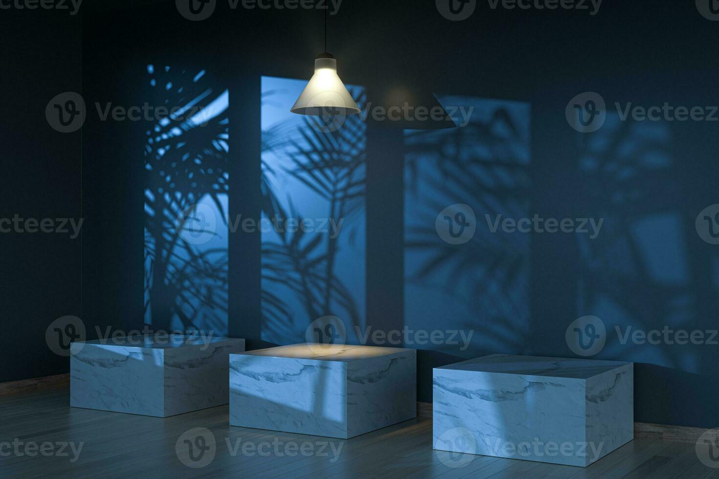 Empty room and marble still life,wooden floor and ceiling lamp,3d rendering. photo