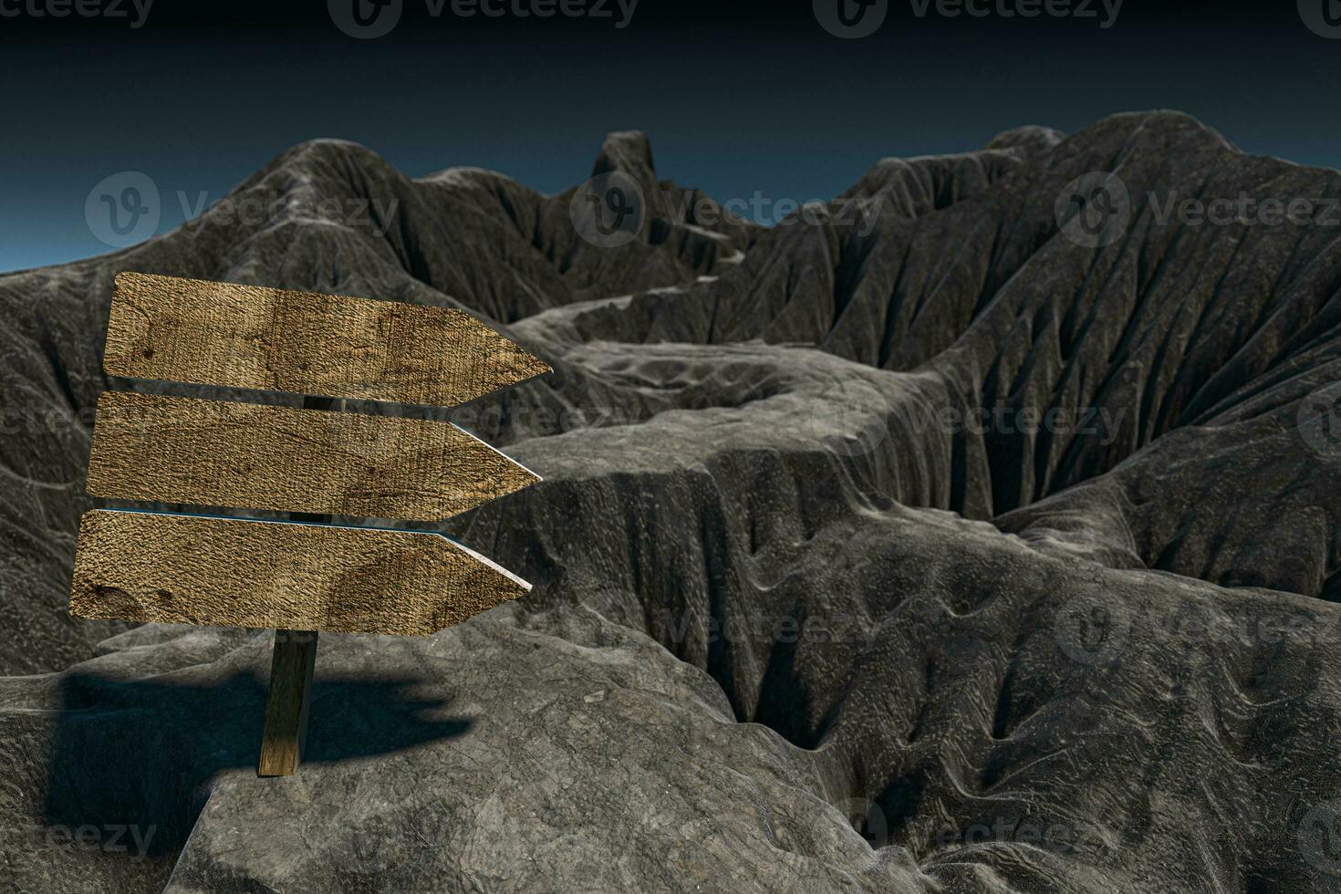Empty wooden guide board and mountain road, 3d rendering. photo
