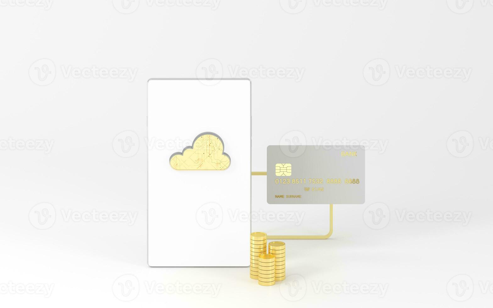Cloud computing and gold coins, 3d rendering. photo