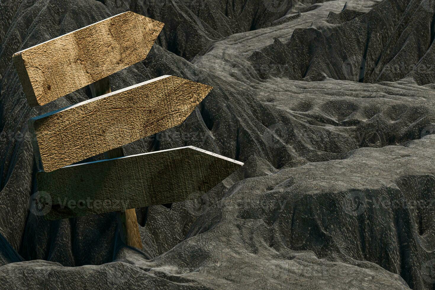 Empty wooden guide board and mountain road, 3d rendering. photo