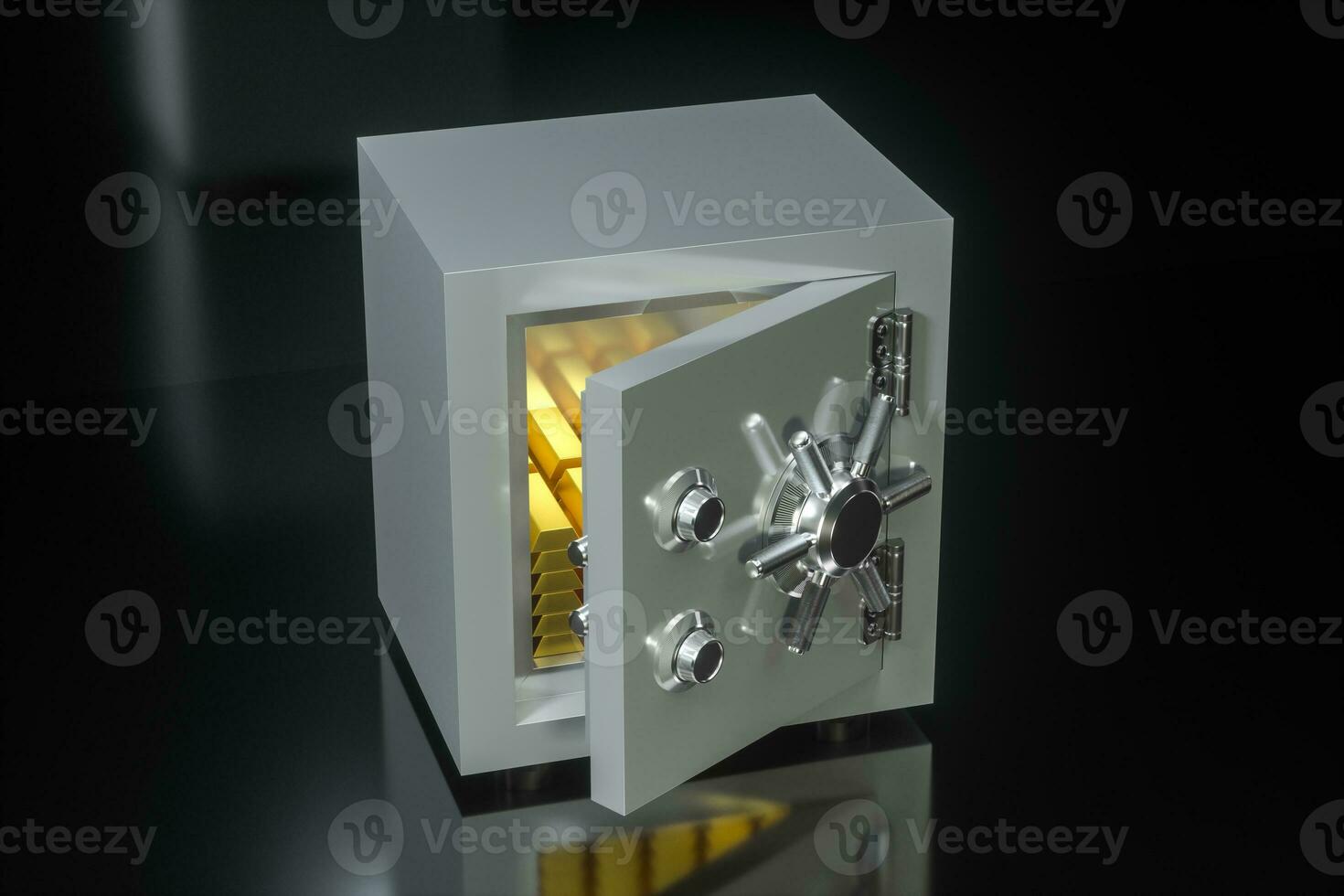 Mechanical safe, with gold bar inside, 3d rendering. photo