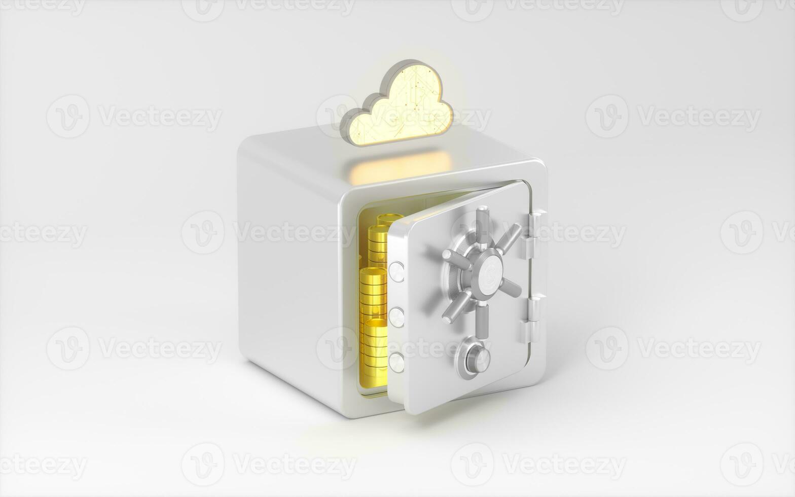 Safe box and gold coins with white background, 3d rendering. photo