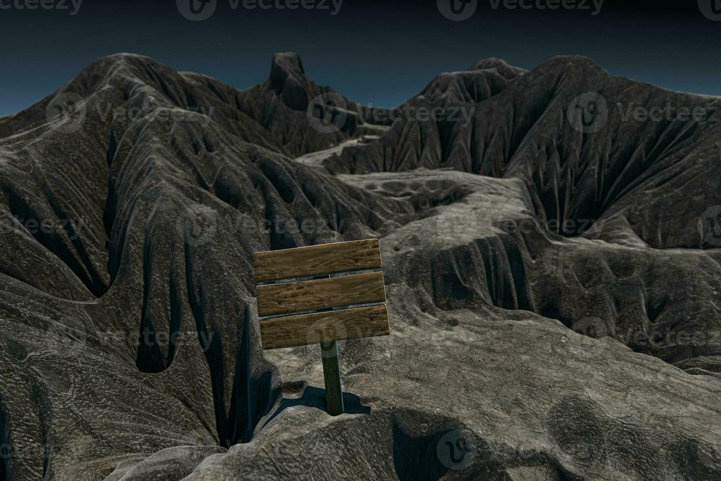 Empty wooden guide board and mountain road, 3d rendering. photo