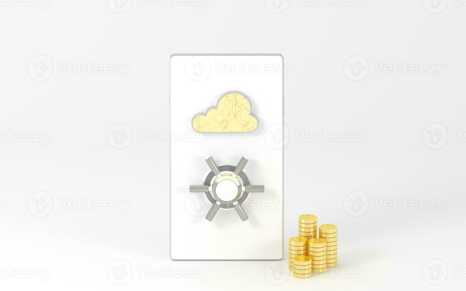 teléfono y oro monedas con blanco fondo, 3d representación. foto