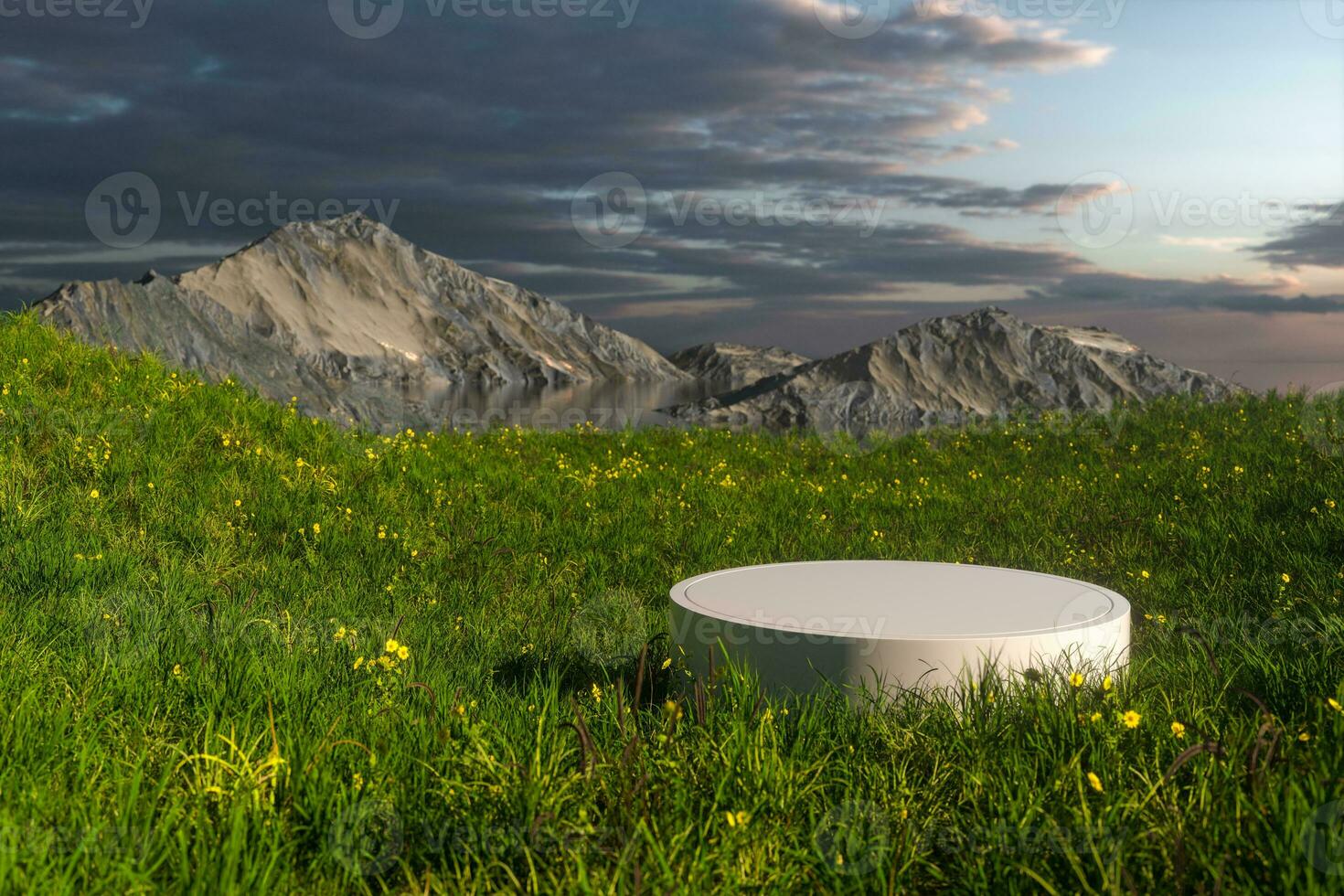 vacío plataforma en el césped campo, 3d representación. foto