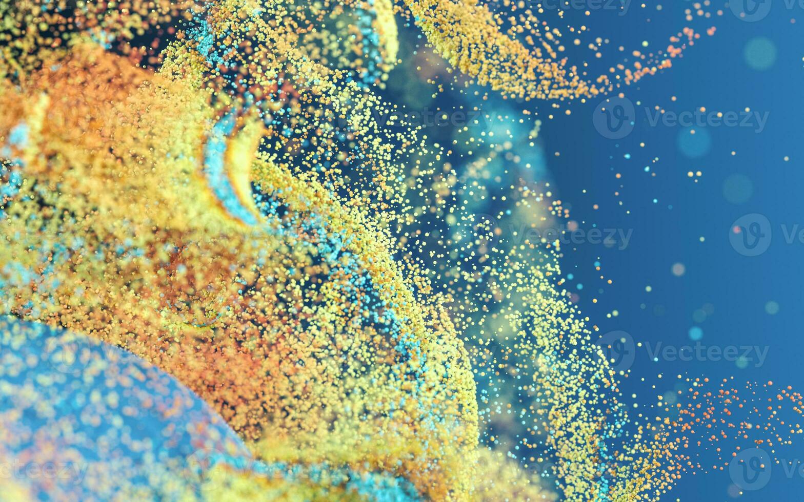 Colored particles with blue background, 3d rendering. photo