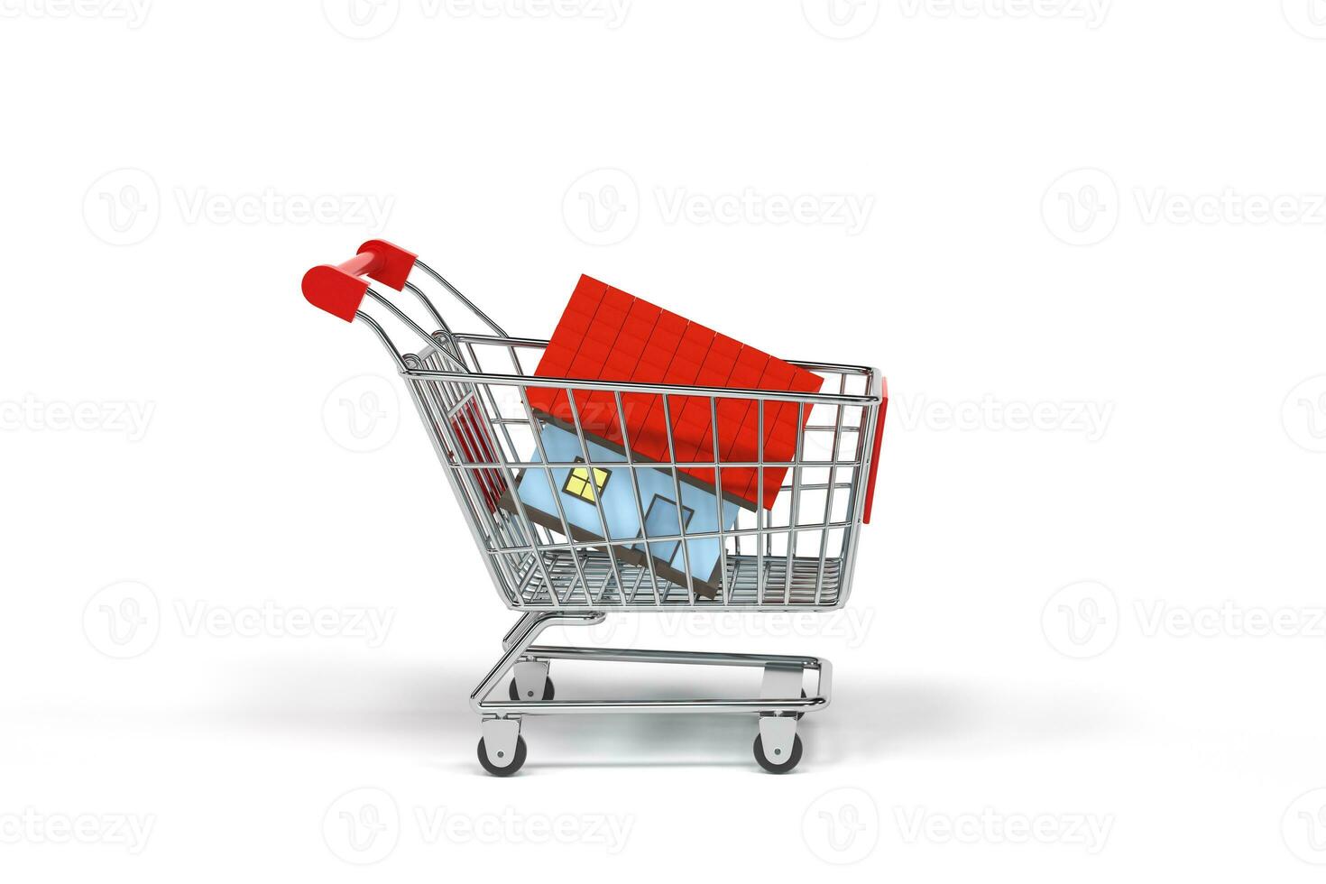 Shopping cart with red house in it, purchase house concept, 3d rendering. photo