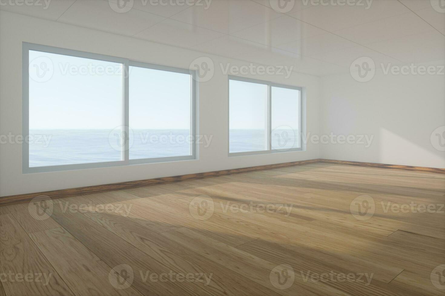 The empty room with wooden floor. Out of the window is the sea. 3d rendering. photo
