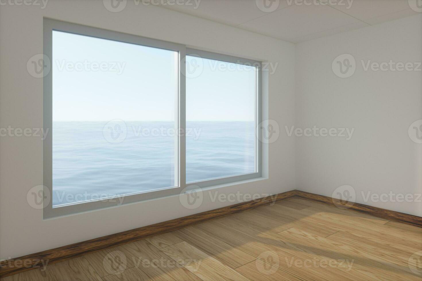 The empty room with wooden floor. Out of the window is the sea. 3d rendering. photo
