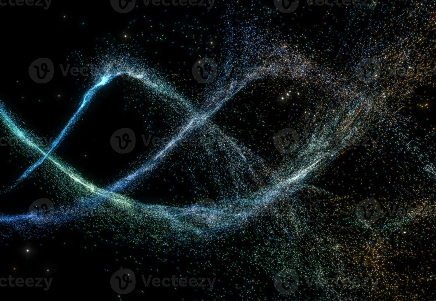 Glowing particles with wavy pattern, magical galaxy, 3d rendering. photo