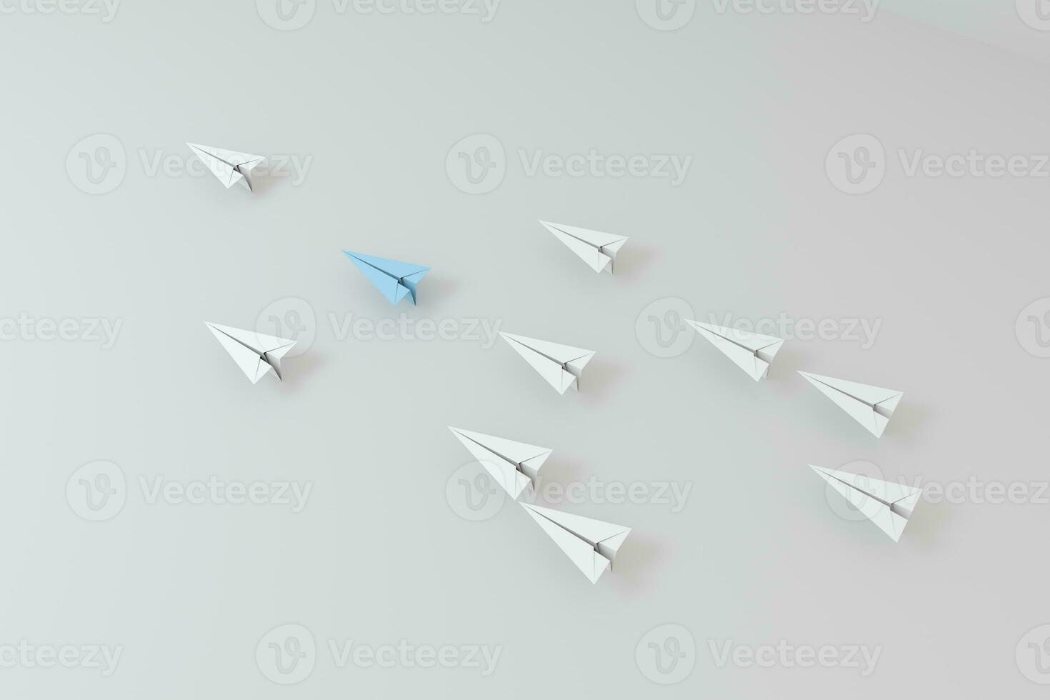 Blue paper plane white ones on white background, 3d rendering. photo