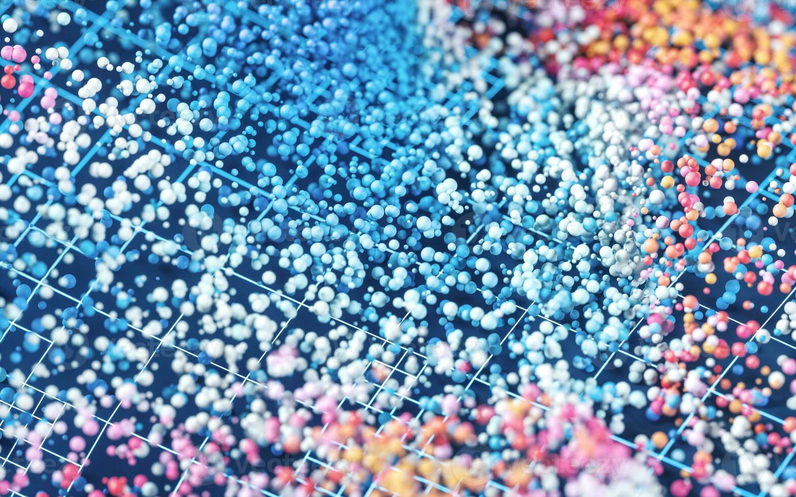 Colored particles with blue background, 3d rendering. photo
