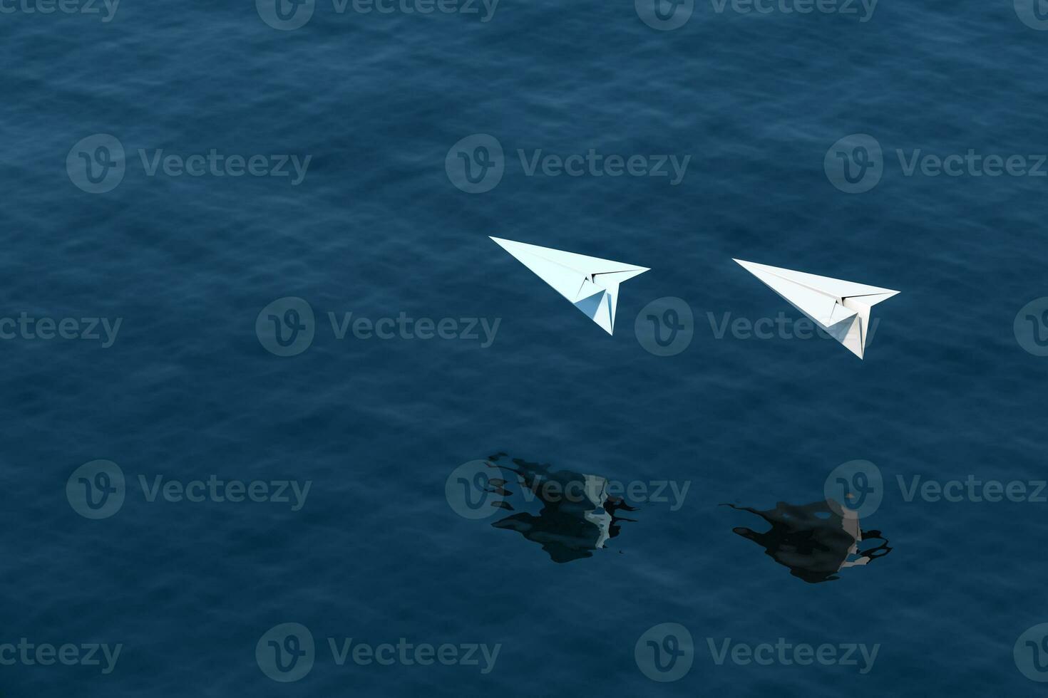 Two paper plane fly over the lake, 3d rendering. photo