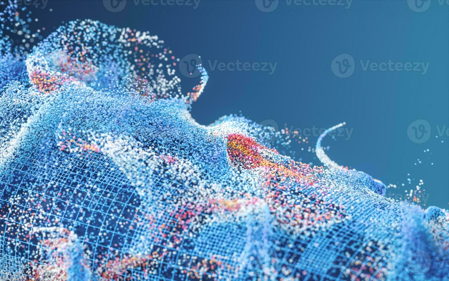 Colored particles with blue background, 3d rendering. photo
