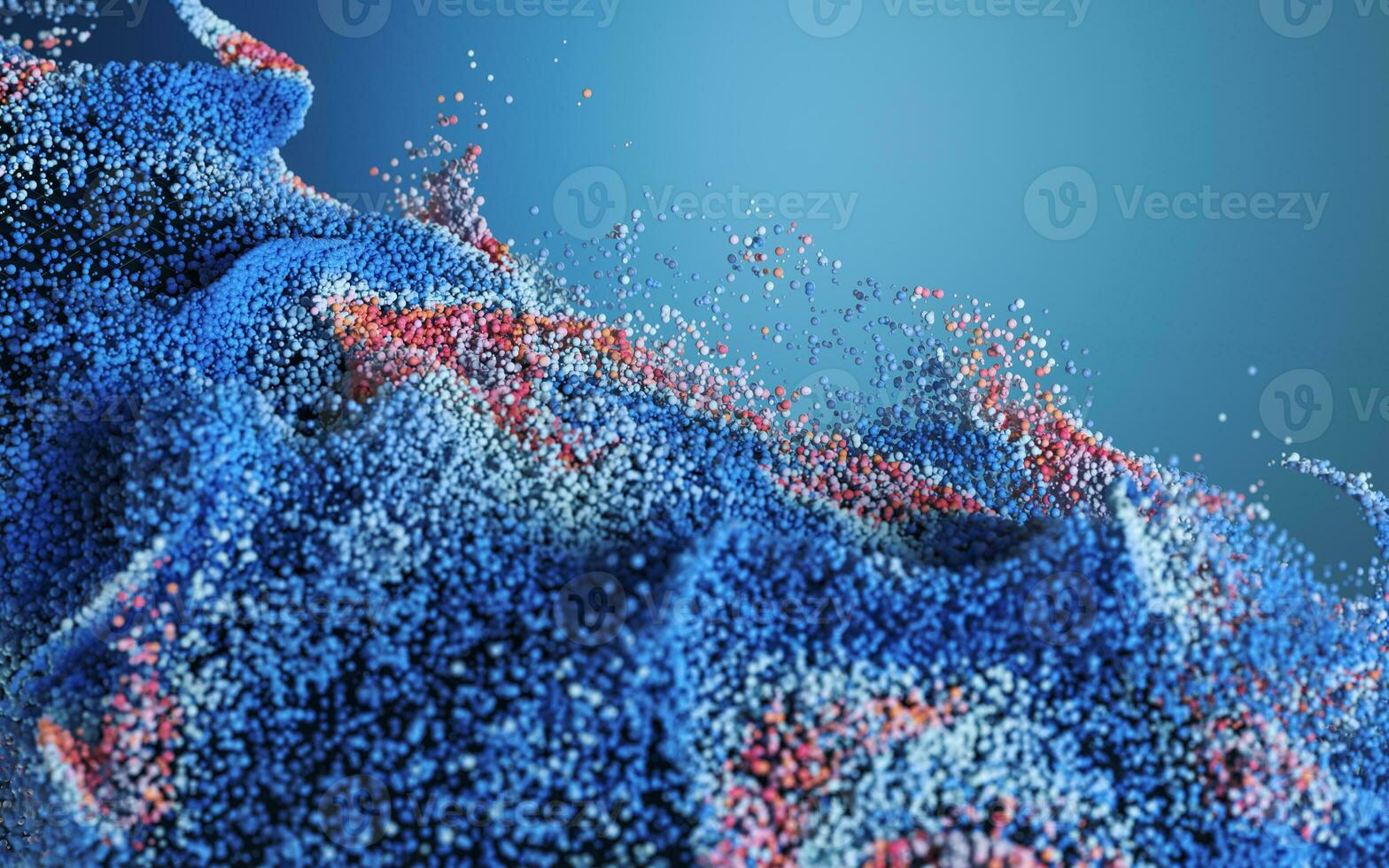 Colored particles with blue background, 3d rendering. photo