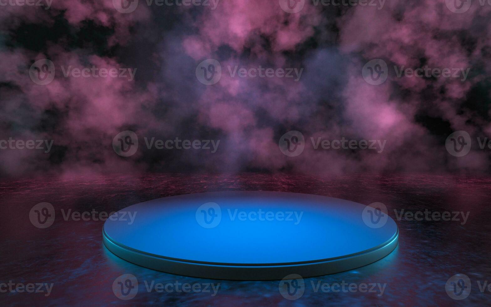 Empty round stage with glowing neon lines in the dark basement, 3d rendering. photo