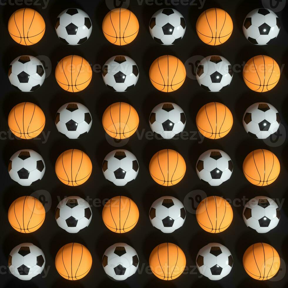 Repeating sports ball pattern with black background, 3d rendering. photo