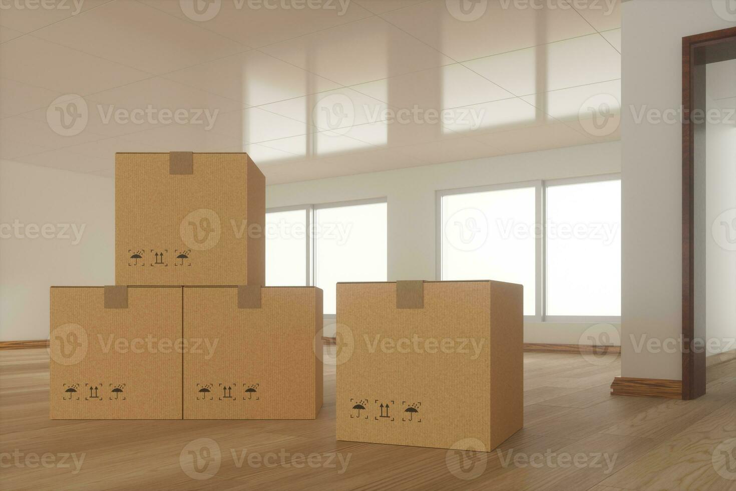 Stacked cardboard in the empty room, with sunlight come from the windows, 3d rendering. photo
