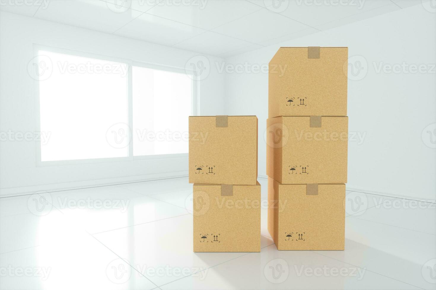 Stacked cardboard in the empty room, with sunlight come from the windows, 3d rendering. photo