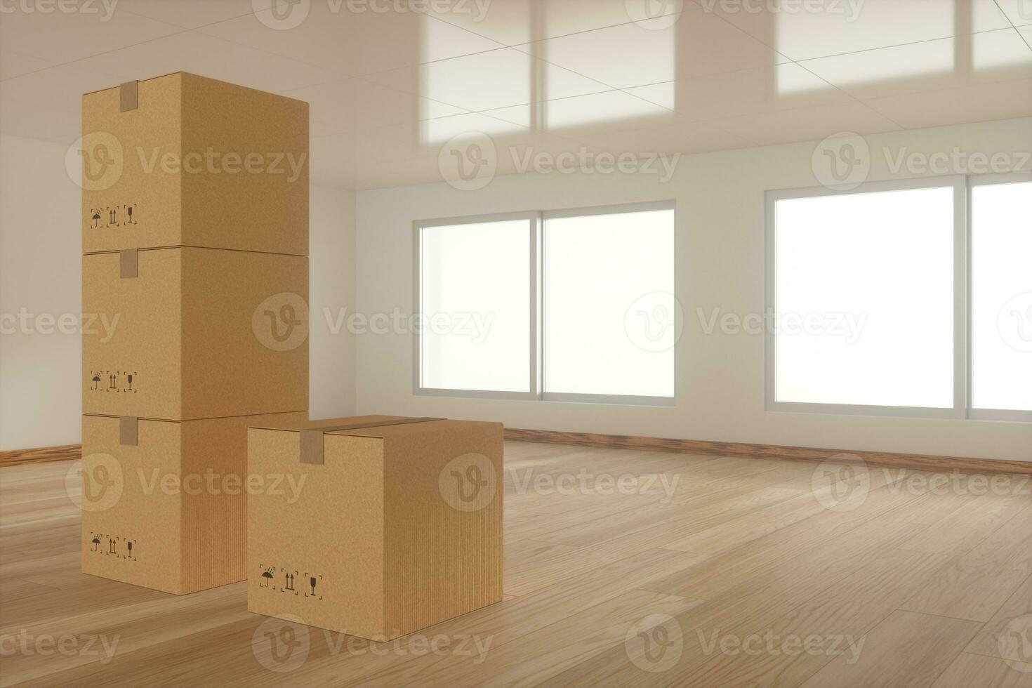 Stacked cardboard in the empty room, with sunlight come from the windows, 3d rendering. photo