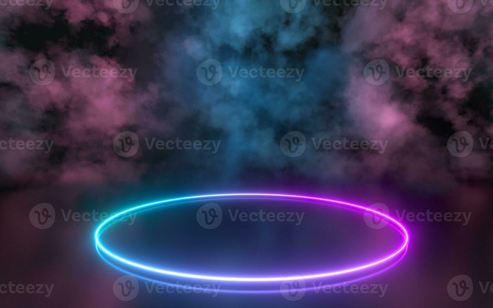 Empty round stage with glowing neon lines in the dark basement, 3d rendering. photo