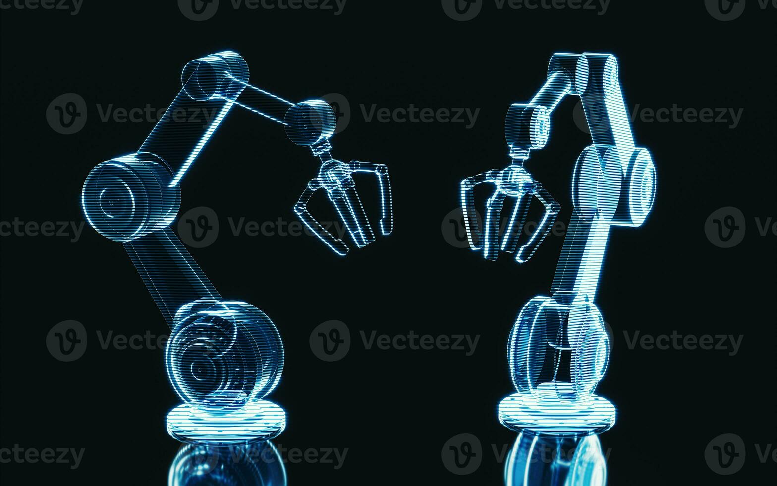 Holographic image of mechanical arm, futuristic element, 3d rendering. photo