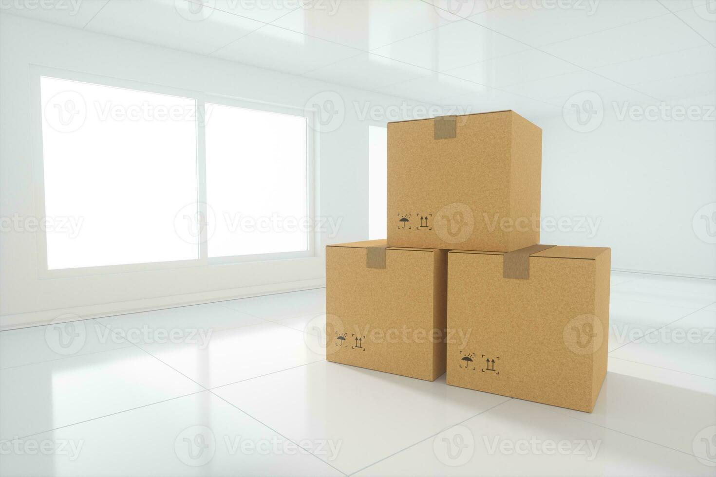 Stacked cardboard in the empty room, with sunlight come from the windows, 3d rendering. photo