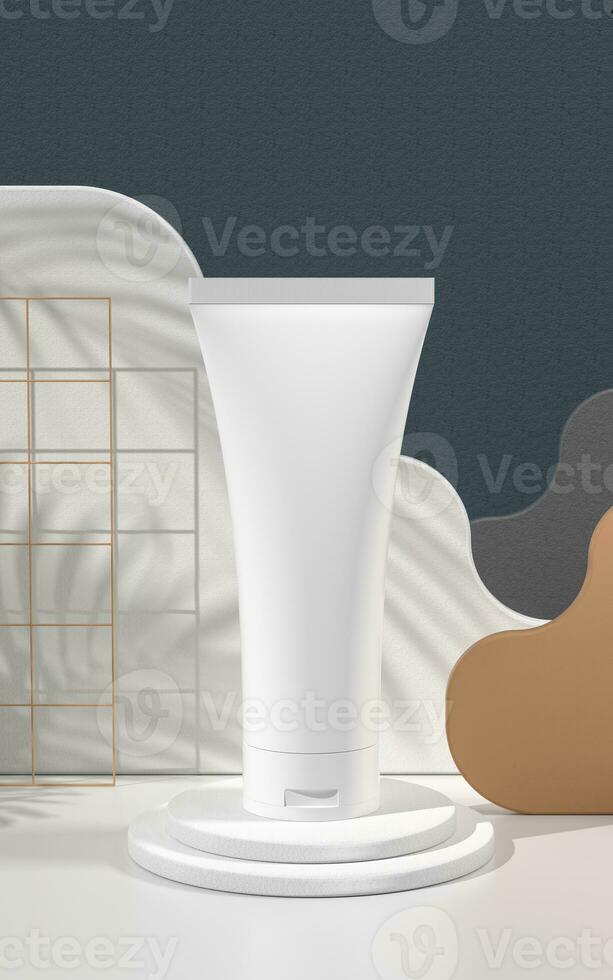 Blank cosmetic bottle with paper card background, 3d rendering. photo