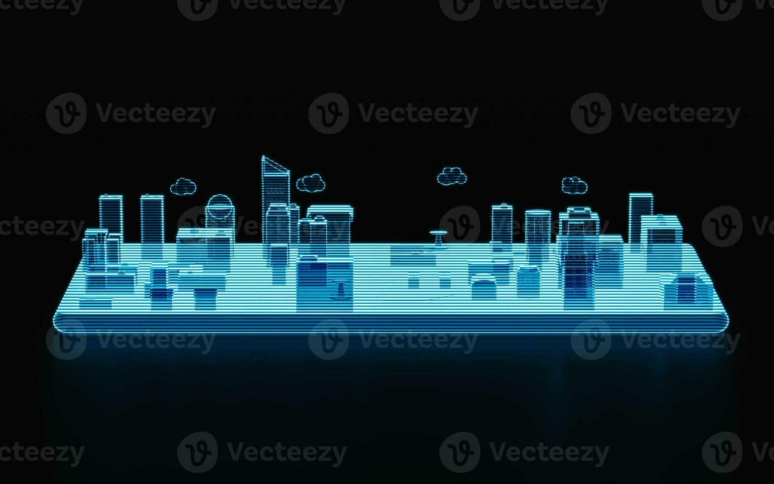 Holographic image of city on mobile phone, futuristic element, 3d rendering. photo