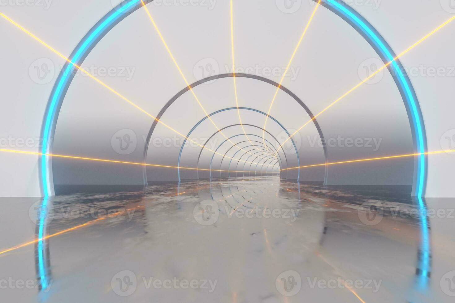 blanco túnel con brillante líneas fondo, 3d representación. foto